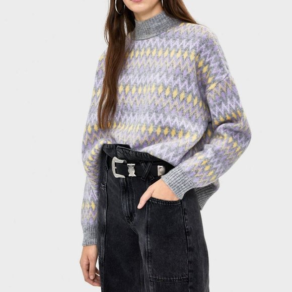 VGUC Berskha Mock Neck Argyle Patterned Pastel Gray Purple Sweater Size Small - Picture 1 of 13